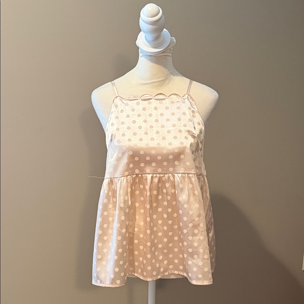SB Glam Cream Polka Dot Womens Tank - scalloped feature with adjustable straps